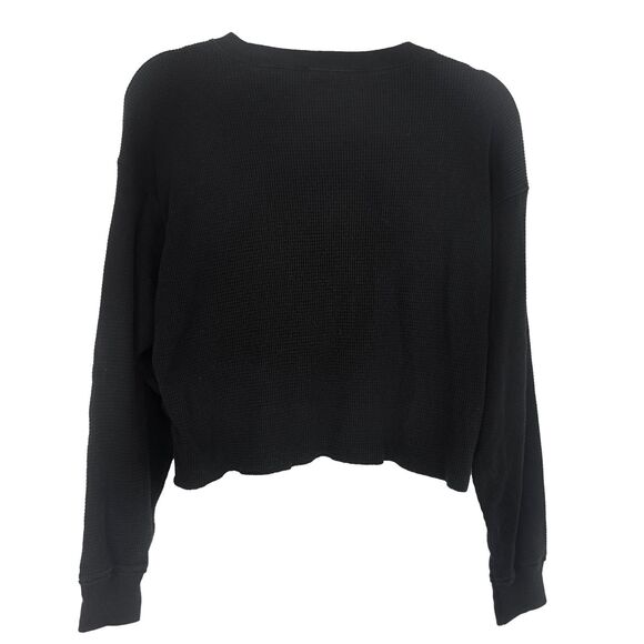 TNA Aritzia Waffle Crew Boxy Long Sleeve M Black Crop Top Thermal EUC B36 - Picture 3 of 6